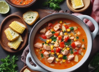 A close-up view of a bowl filled with creamy soup garnished with chickpeas, sautéed mushrooms, and green herbs. The soup has a rich and thick consistency with visible spinach leaves and pesto. The bowl is placed on a rustic wooden surface next to a light-colored cloth napkin.