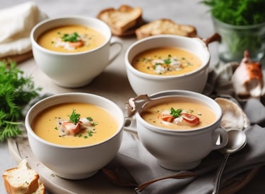 A bowl of soup with rich ingredients including a large mushroom, sliced vegetables, and fresh herbs. The bowl is ornately decorated with a traditional pattern and the background is a plain teal color, enhancing the focus on the dish.