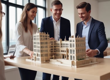 A nighttime urban scene with a modern architectural structure on the left featuring large glass windows and a softly lit interior. In the background, a tall tower with illuminated signage reading 'Sobha Realty' stands out against the dark sky. Street lights and distant skyscrapers enhance the cityscape, while the road is framed by stainless steel bollards.