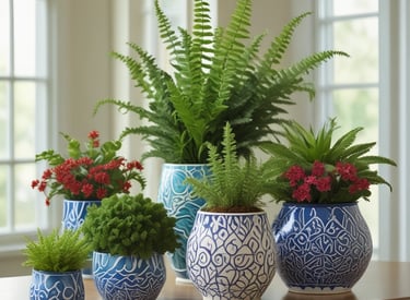 Three large stone planters filled with lush green foliage and small pink flowers are positioned on a sidewalk. Behind them is a building with large glass windows displaying signage and gold-colored framing.