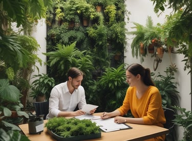 A lush, green garden scene featuring carefully manicured shrubs and small trees. The plants display a dense and vibrant foliage, with the branches artfully pruned, suggesting attentive gardening practice. A large net or mesh structure serves as a backdrop, possibly providing protection or shade to the garden.