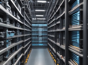 A complex array of computer motherboards and circuit boards is organized in a sprawling grid layout. Bright, multicolored LED lights illuminate the scene, casting vibrant reflections and creating an intricate, high-tech pattern. Wires and electronic components are interwoven, contributing to an aesthetic that resembles a miniature cityscape.