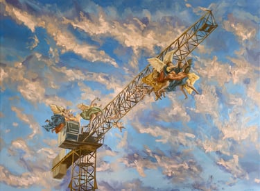 a painting of a craned crane with a sky background