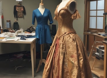 A theatrical stage setup with a red curtain and numerous costumes hanging from a chandelier. The backdrop includes abstract panels with Asian-inspired designs. To the sides are large, ornate wooden mirrors.