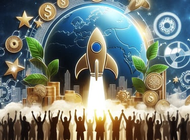 DAO system. A group of people standing around a rocket celebrating their success