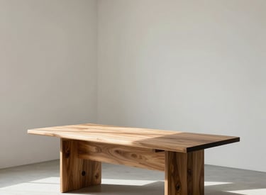 A serene, minimalist office studio with off-white walls, a single organic wooden desk, and soft shadows from natural light, reflecting a Spanish-speaking aesthetic.