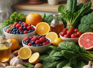 mesa com diversos alimentos saudaveis para o sistema imunologico