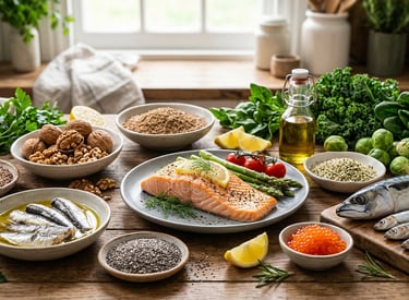 Healthy Mediterranean diet spread featuring grilled salmon, sardines, walnuts, and leafy greens for omega-3 nutrients.
