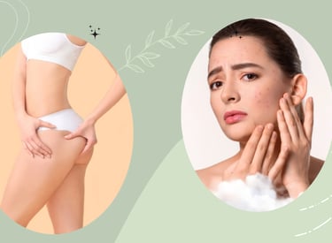 A woman treating facial acne and another showing smooth body skin after skincare.