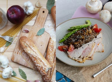 Flat lay of healthy meal ingredients and a plate with buckwheat, mushrooms, chicken, and avocado.
