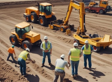Workers inspecting a newly paved road under the sun.