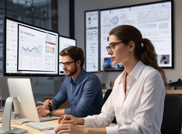 A team collaborating around a laptop with digital marketing charts on screen.