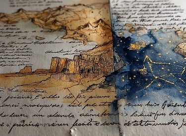 Hand-drawn sketchbook map with golden star lines and watercolor notes for worldbuilding concept