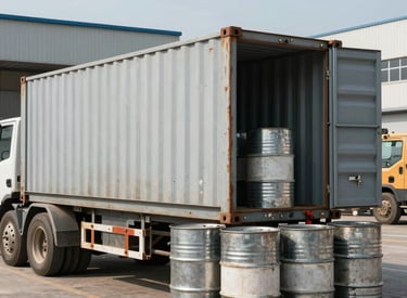A rusty, weathered container elevated on steel drums with chipped paint and surrounded by rocks. The surface of the container indicates significant age and exposure to the elements.