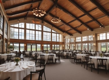 A lush, green golf course set against a backdrop of rolling hills and a clear blue sky. A person is in mid-swing, preparing to hit a golf ball on the manicured grass. Surrounding the area are vibrant trees and some signage, indicating a golf event or tournament.