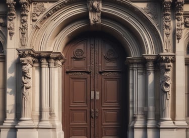 An old stone building facade featuring a large wooden door with a sign above it reading 'Schola Logicae'. The door is framed by two carved stone heads. Next to the door are tall, multi-paned windows with a Gothic architectural style.