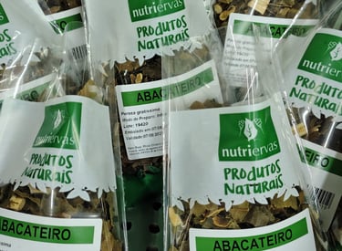 Packets of Nutriervas Abacateiro dried avocado leaves for natural herbal tea infusion.