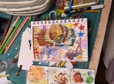Takara's Artist Workstation—paints, colored pencils & etc.  Painting in progress, "My Lucky Stars"