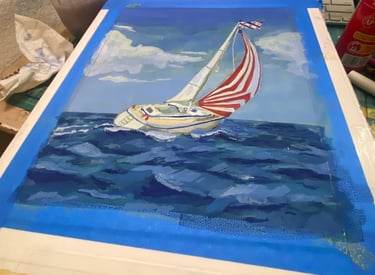 Takara's painting of a sailboat, titled "North Sea", while she was painting it.