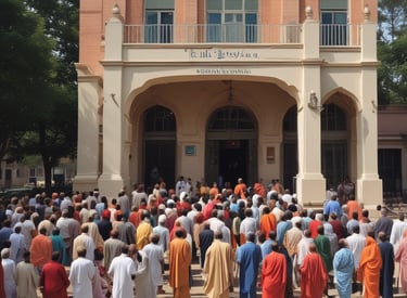 A group of individuals, including clergy members such as a person in a pink ceremonial robe and a nun, standing next to a brick building. Several vehicles and trees are visible in the background. One person is holding a camera and wearing a vest with 'Fr. Ramon KAJUGA TVET School' written on it.