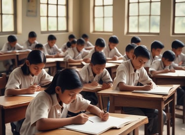 A group of children sitting at wooden desks in a classroom environment. They are focused on writing with pens, and wearing green uniforms. The room appears well-lit with natural light coming through a window.