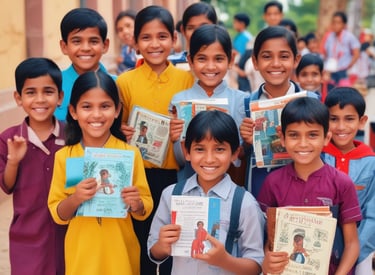 A group of children stands outside holding notebooks with covers showing a logo and photographs. They are wearing school uniforms consisting of white shirts and green shorts or skirts. The setting appears to be a schoolyard with buildings and a clear sky in the background.