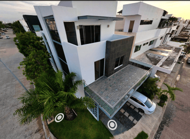 360° virtual tour of modern apartment with interactive labels on kitchen, bathroom, terrace