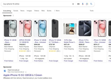 Google search results for 'buy iPhone 15 online' with sponsored product listings and prices.