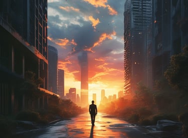 a man walking down a street in a city