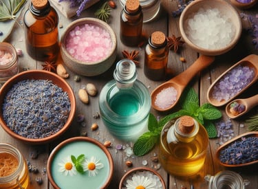 differnt colored liquids in glass decanters, brown glass bottles and wooden bowls  with various bota