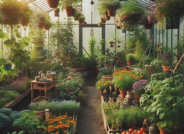 variety of plants including vegetables, flowers and herbs inside a greenhous