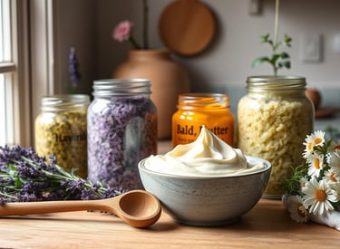 A serene kitchen setting with jars of colorful herbal body butters, surrounded by fresh herbs like l