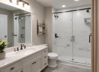 A modern kitchen features natural wood cabinets with a U-shaped configuration. The countertops are brown and complement the beige tiled floor. A stainless steel double sink with a chrome faucet is centrally located under the cabinets, while a black gas stove with an overhead range hood is on the right. Recessed ceiling lights brighten the space, and a dark kitchen mat is placed on the floor.