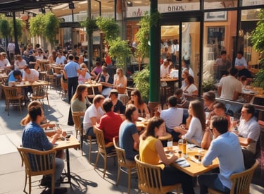 A marketplace set in an urban courtyard surrounded by old buildings with visible signs of wear. Stalls line the sides, displaying various goods such as clothing and accessories. A covering of snow is visible on the ground and stalls. A parked car is near the center, and several people are present, suggesting a bustling environment.