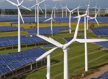 A quaint coastal town with a collection of houses and buildings nestled among lush green trees. A wind turbine is visible in the distance, indicating an interest in renewable energy. The town is bordered by a body of water in the foreground and rolling hills in the background.