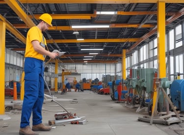 A person wearing safety gear is suspended by ropes, performing maintenance or cleaning on the side of a large building with vertical panels.