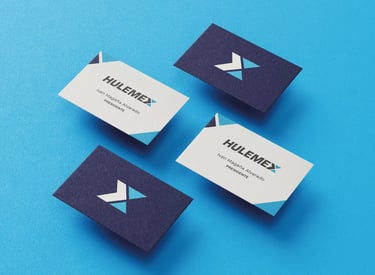 Biglietti da visita istituzionali Hulemex su fondo azzurro, identità visiva coordinata.