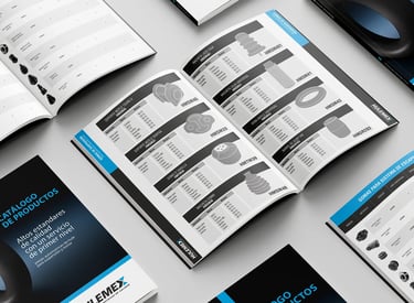 Cataloghi prodotti Hulemex aperti su tavolo, materiali stampati coordinati nel percorso di branding 