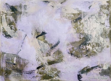 Photo of a painting in violet, cream and green hues with black brush strokes