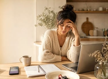 Stressed woman working from home on a laptop in a kitchen setting while managing remote work anxiety.