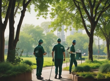 A security officer wearing a fluorescent yellow vest is standing on a paved walkway. The background shows a street with colorful storefronts and green trees, implying an urban or town setting.