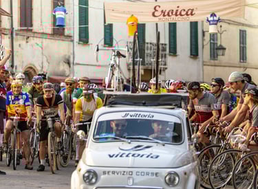 a group of people riding bikes in front of a car