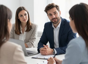A consultant reviewing a resume with a client in a cozy meeting room.