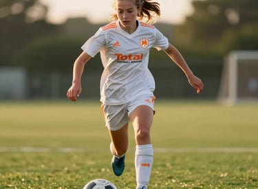 A young European girl with an athletic build sprinting with a soccer ball on a lush green field. She wears a white jersey with the Total Football Academy logo in orange. Professional sports photography, sunset lighting.