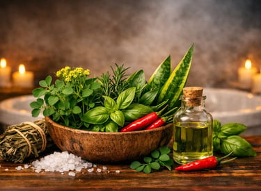 Uma tigela de madeira com ervas frescas, pimentas e sal grosso ao lado de um frasco de óleo.