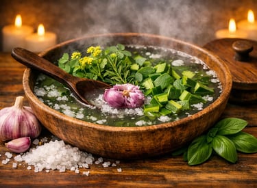 Tigela com ervas, alho fresco, sal grosso e ingredientes naturais usados em banho espiritual.