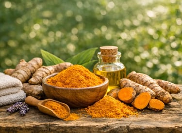 Raiz fresca de cúrcuma e pó amarelo de curcumina em tigela de madeira com óleo essencial.