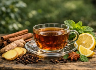 Xícara de vidro com chá de ervas quente, gengibre, canela, limão e anis-estrelado sobre mesa.