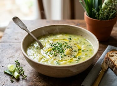 Sopa cremosa de batata e alho-poró em uma tigela de cerâmica rústica, guarnecida com cebolinha .