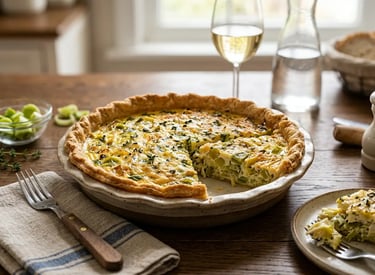 Quiche caseira de alho-poró e queijo em massa folhada, servida com vinho branco.